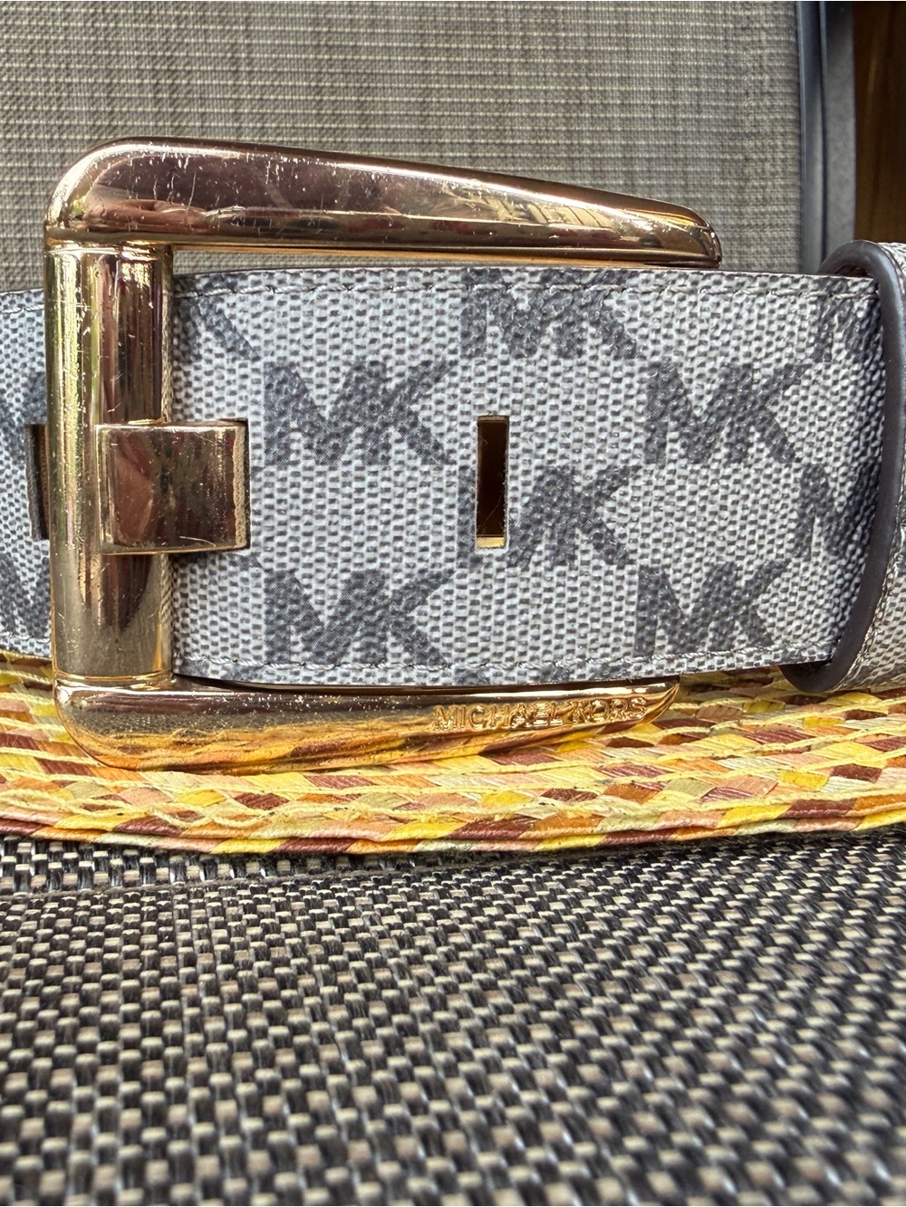 Michael Kors Gray MK Monogram Belt with Gold-Tone Buckle